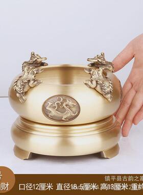 全黄铜装饰品来财聚宝盆玄关四方铜盆金蟾铜器中式家居摆件