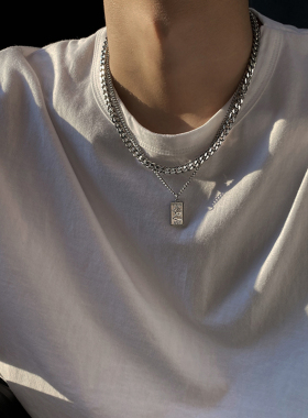 欧美复古钛钢吊坠古巴链男士潮小众设计感双层嘻哈项链卫衣链配饰