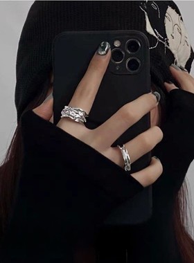 银色素圈戒指男小众设计不规则褶皱女戒冷淡风开口对戒高级感指环
