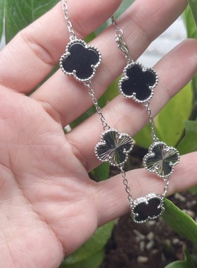 纯银精工车花双面镭射拼接天然玛瑙四叶草五花手链送女友银手环