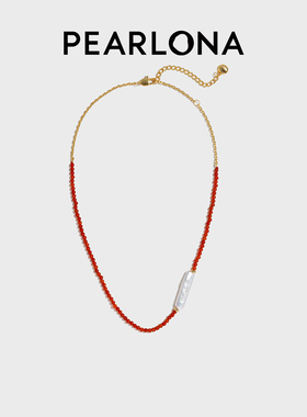 PEARLONA财神鱼银条鸿运珠叠戴项链红玛瑙新年礼物女吊坠淡水珍珠