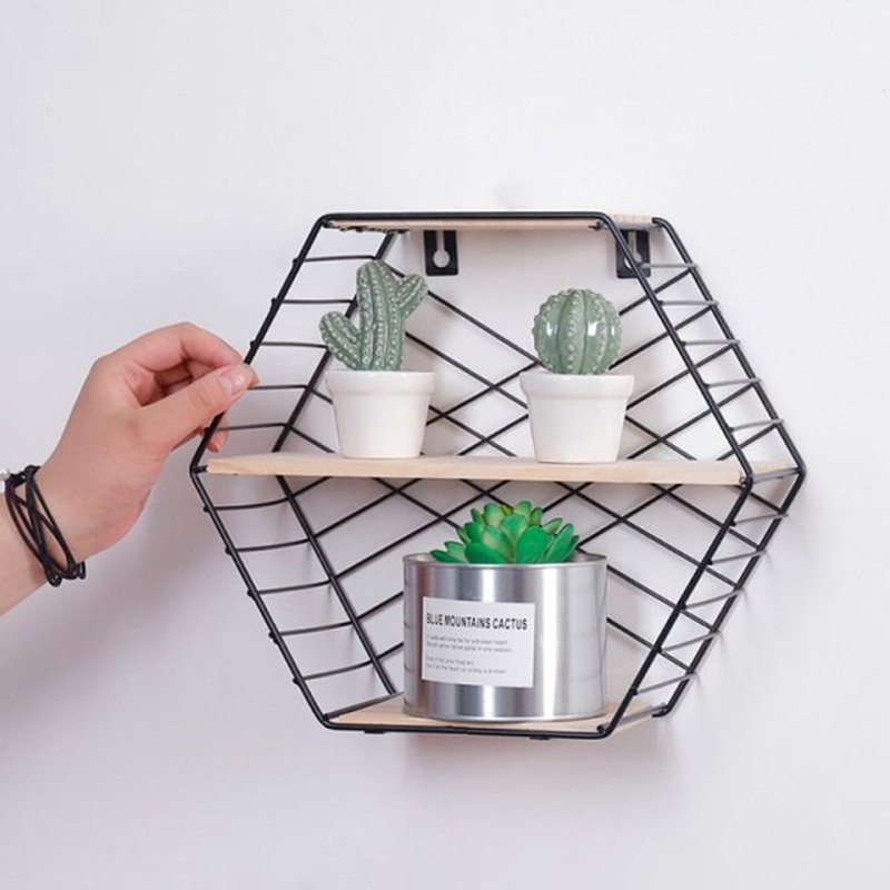 Wall Mounted Floating Shelf Modern Simple Geometry Wood Meta - 图3