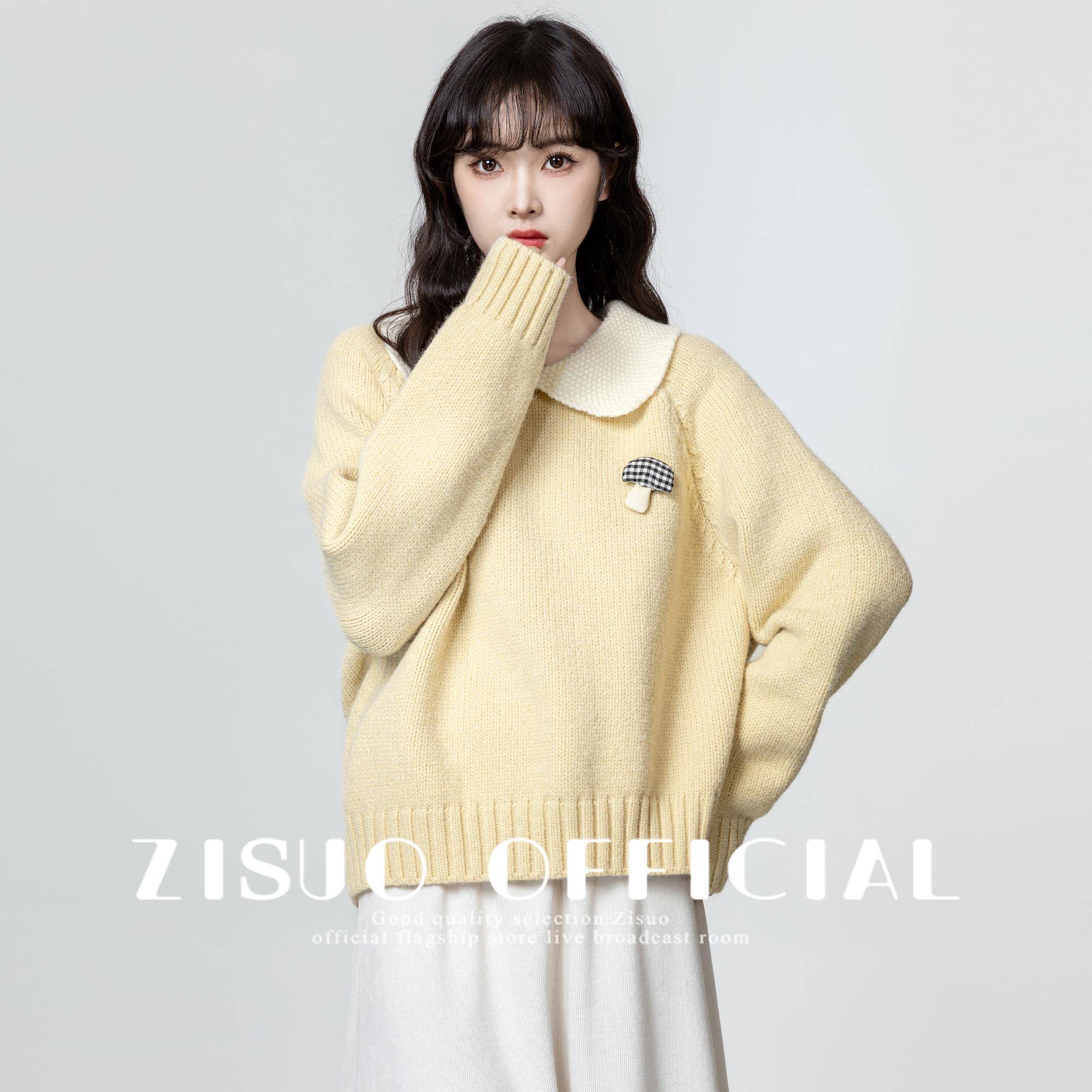 黄色娃娃领毛衣女加厚2025秋冬新款设计感宽松撞色翻领针织衫上衣 - 图0