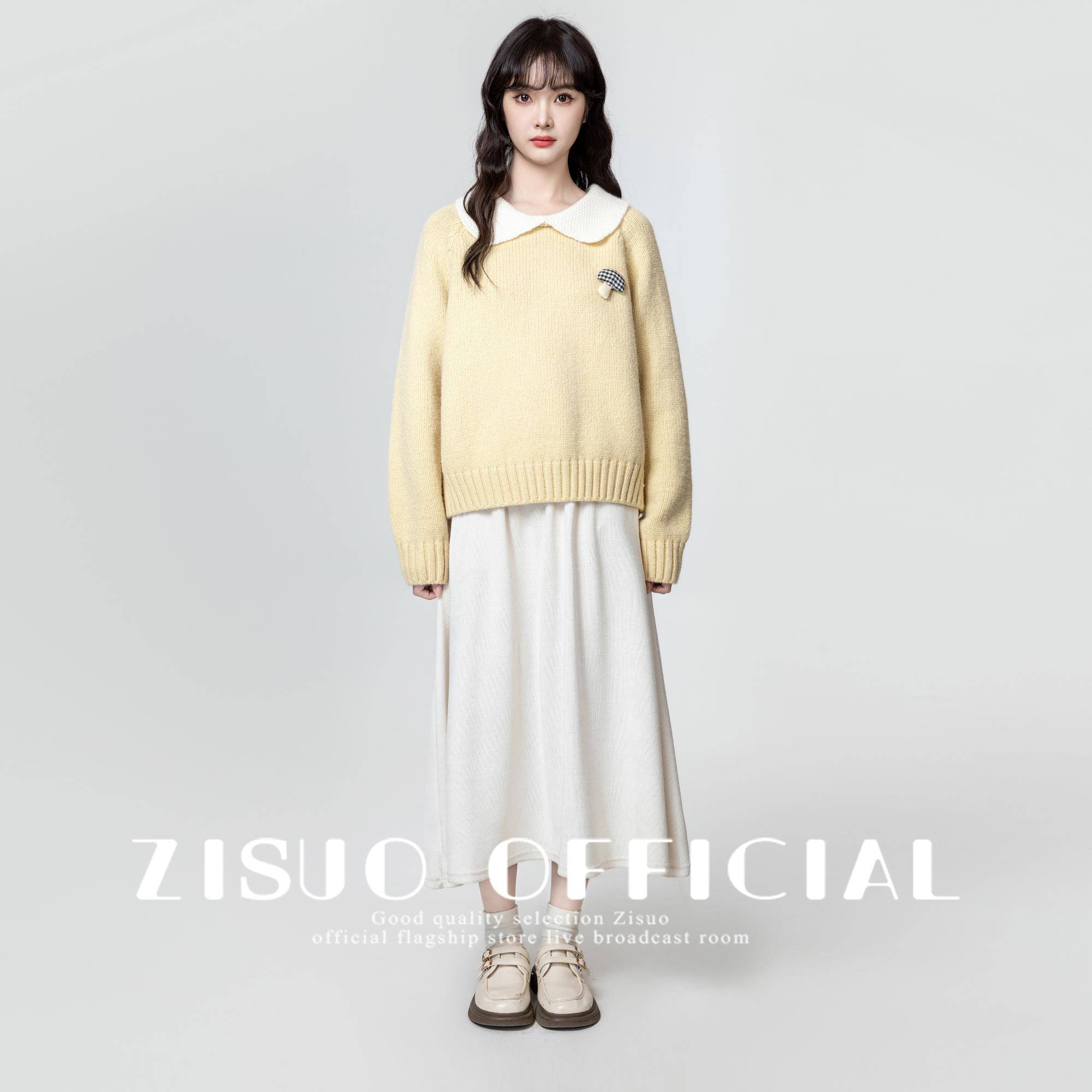 黄色娃娃领毛衣女加厚2025秋冬新款设计感宽松撞色翻领针织衫上衣 - 图3