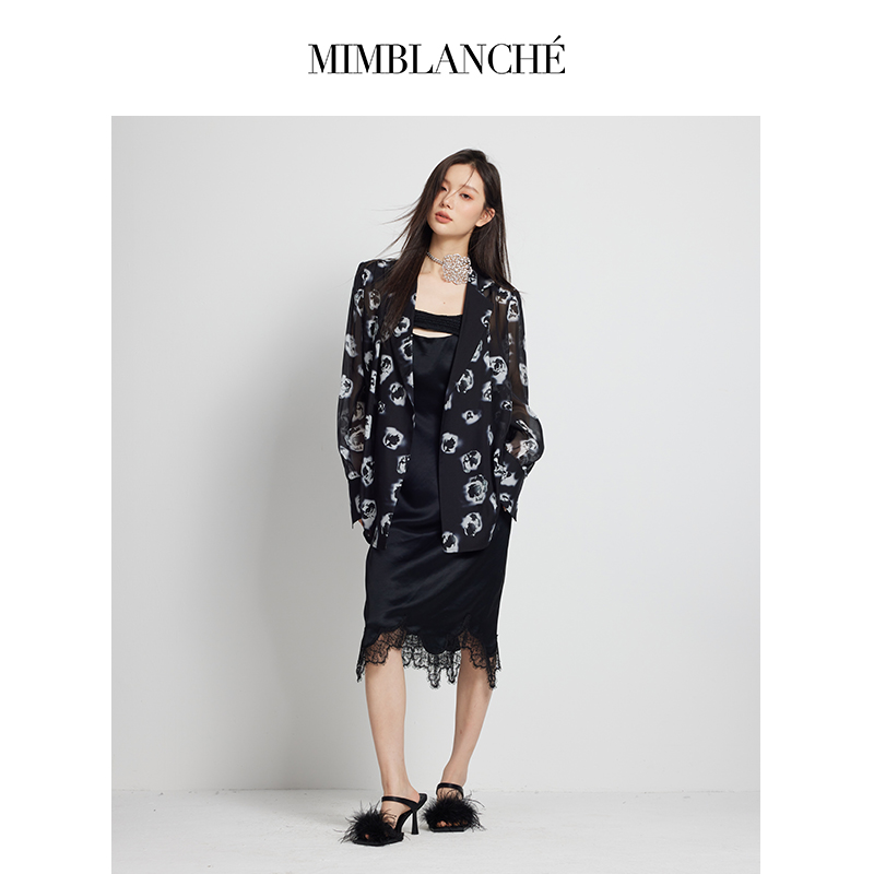 MIMBLANCHE旗舰店 黑色轻奢光泽感真丝玫瑰印花廓形外套23FW新品