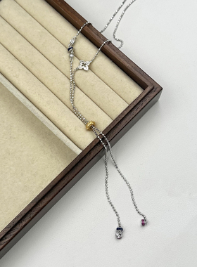 S925纯银金银拼色四叶草抽拉调节项链女小众设计高级感轻奢锁骨链
