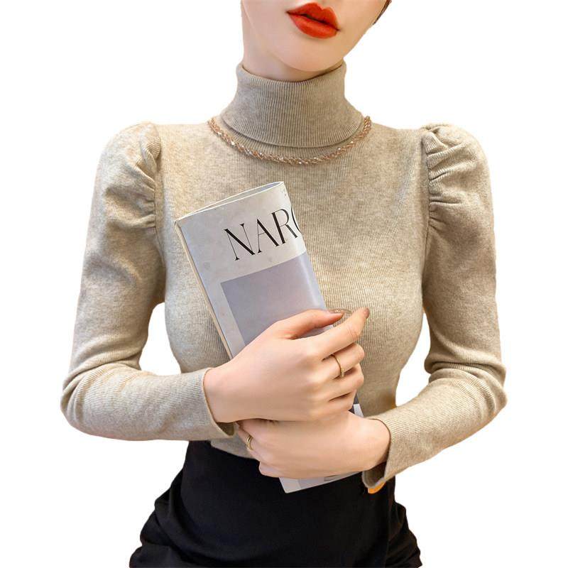 高领泡泡袖毛衣女士修身打底衫2025新款秋冬季爆款显瘦内搭针织衫,淘宝优惠券,粉丝福利购,淘宝优惠卷