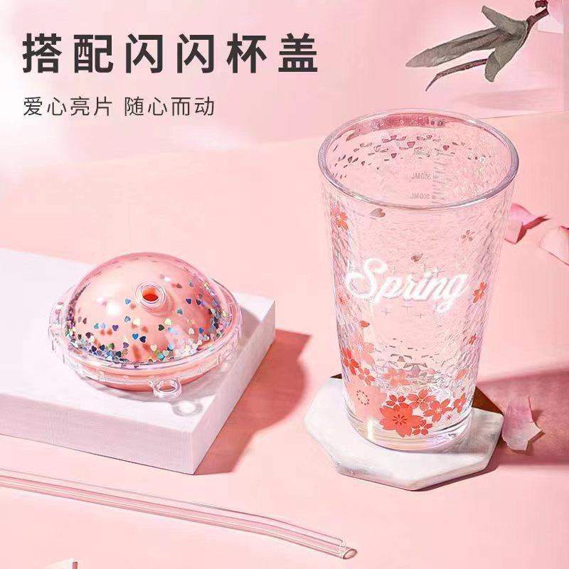 夏季网红樱花星空杯吸管杯玻璃杯女生吸管高颜值玻璃刻度杯水杯-图2