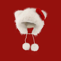 White plush Lei Feng cap Womens winter new cute cat ears hat butterfly knot Garnter thickened protective ear cap