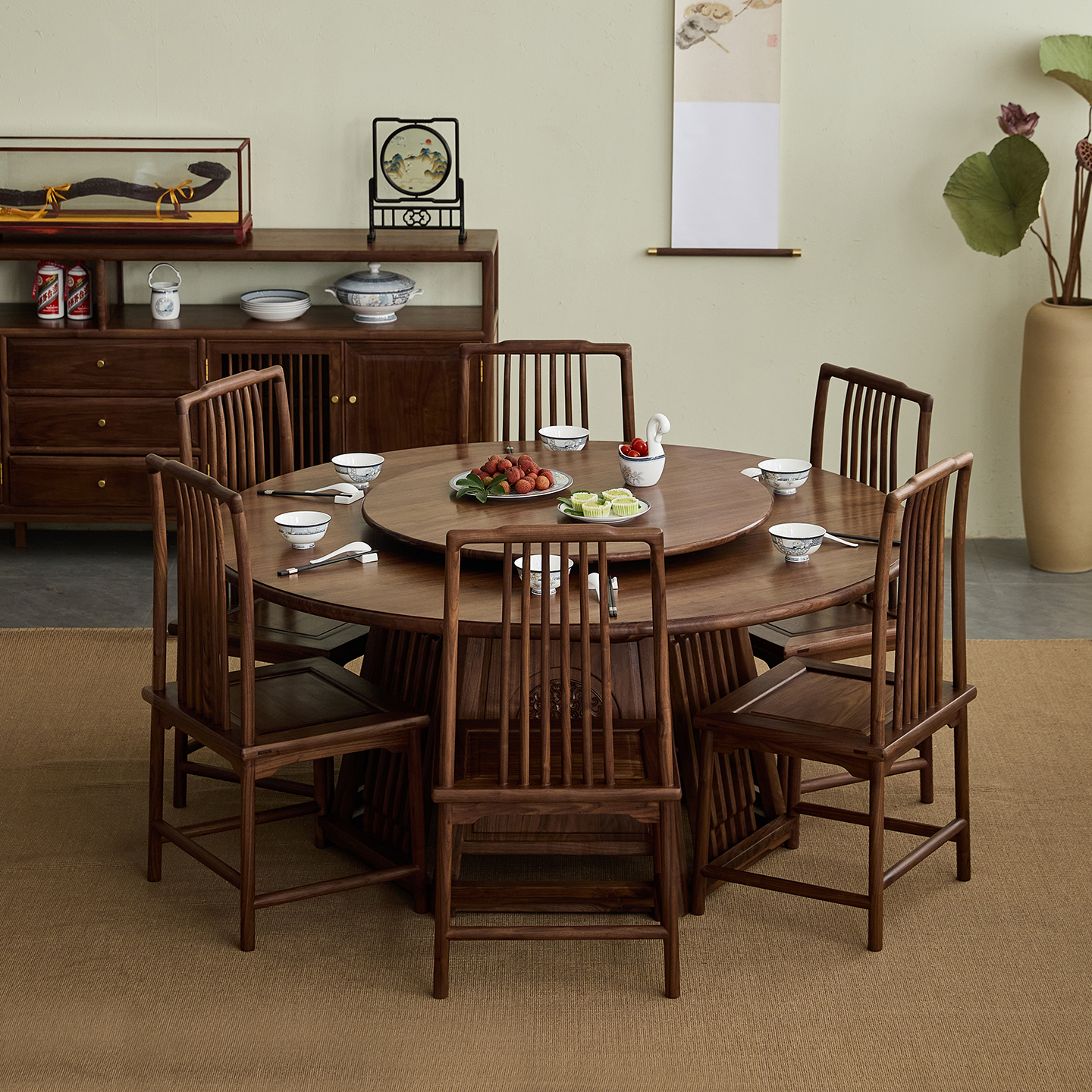 新中式实木圆餐桌家用黑胡桃木圆桌带转盘餐台圆形饭桌小户型高端 - 图0