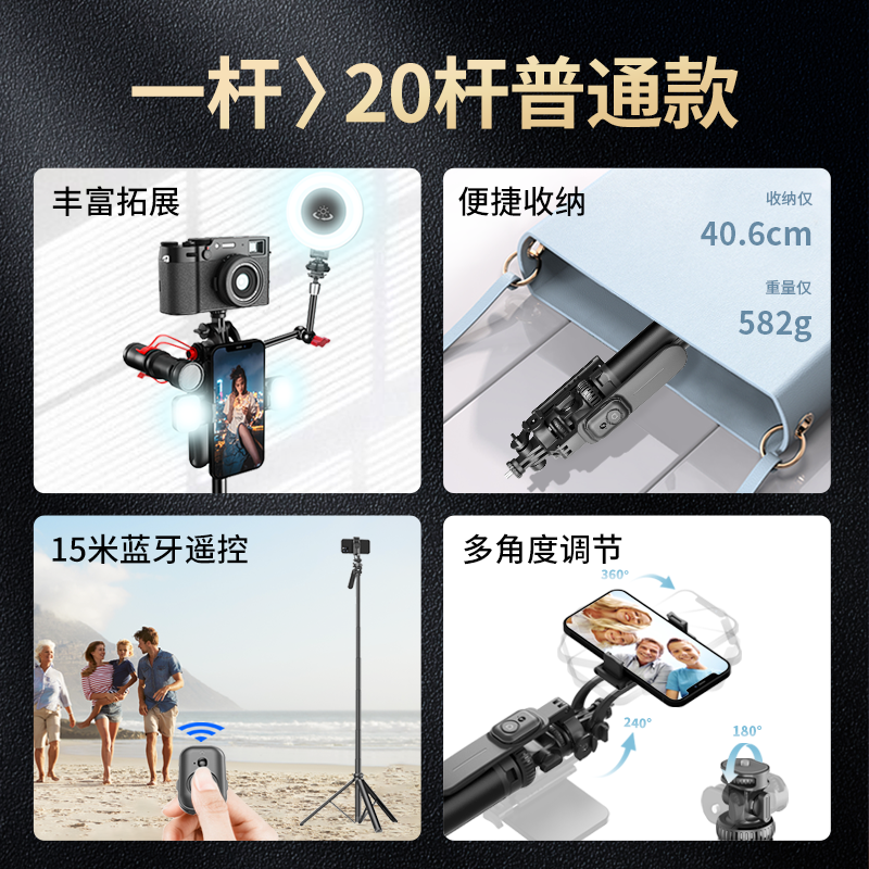 【靓点拍】手机云台自拍杆2024新款通用落地三脚架拍照神器360度旋转手机支架旅游便携手持拍摄直播防抖ZPG1-图0