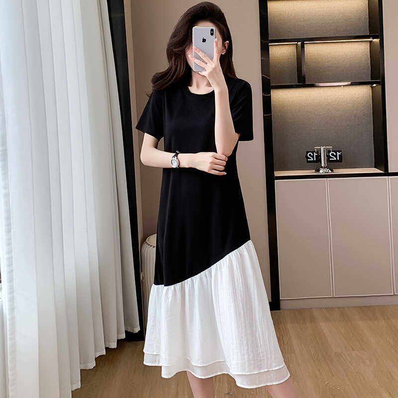 夏季休闲宽松显瘦大码连衣裙女2024新款韩版中长款拼接气质T恤裙,淘宝优惠券,粉丝福利购,淘宝优惠卷