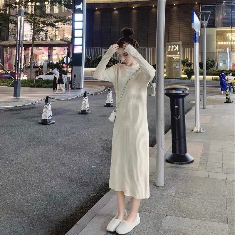 2024秋冬季新款内搭中长款配大衣过膝白色针织打底毛衣连衣裙子女,淘宝优惠券,粉丝福利购,淘宝优惠卷