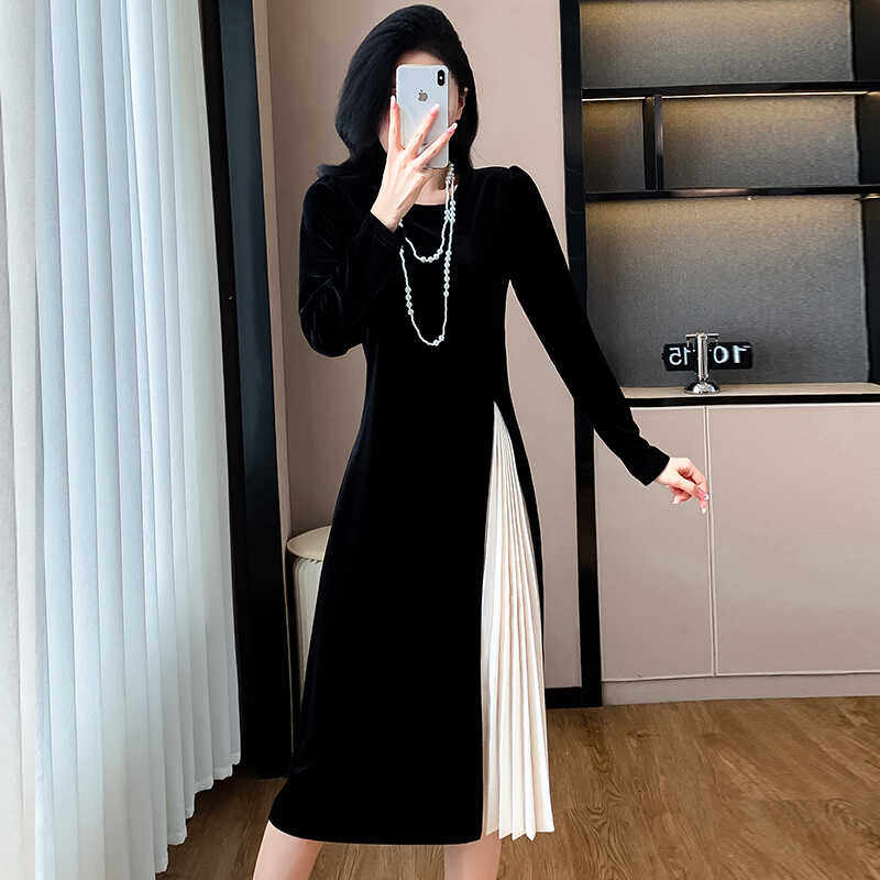 2024秋冬新款打底 丝绒拼接皱褶中长款大码连衣裙女,淘宝优惠券,粉丝福利购,淘宝优惠卷