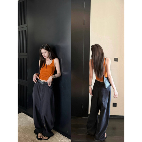 LIL CHER 店主私服薄款水洗黑柔软显瘦松弛弯刀牛仔裤长裤女春夏 - 图3