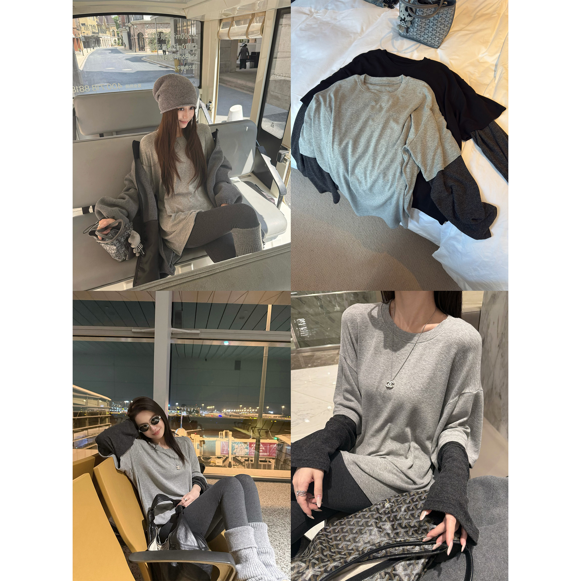 LIL CHER灰漾&复古慵懒感拼接长袖宽松巨显瘦假两件T恤上衣女春秋,淘宝优惠券,粉丝福利购,淘宝优惠卷