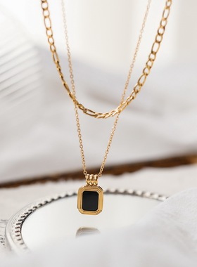 2021新款双层黑色方牌金色项链女夏锁骨链小众轻奢冷淡风设计颈链