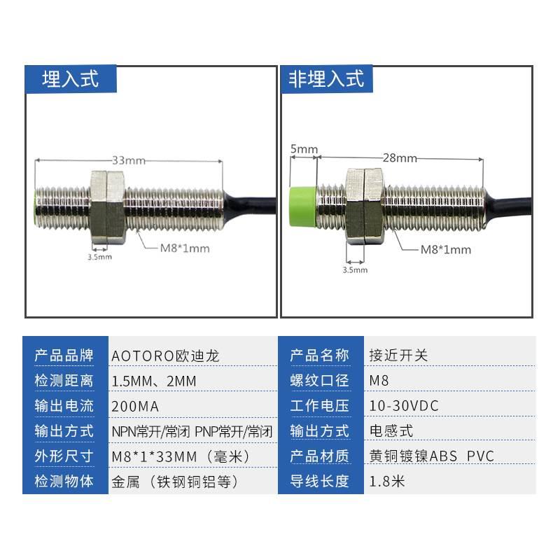 欧迪龙PR08金属接近开关M8两三线24VPNP常开FR08-2DN传感器1.5NPN-图0