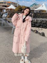 Pink down clothes woman Winter 2023 new Korean version loose long style over knee bread Warm White Duck Suede Jacket