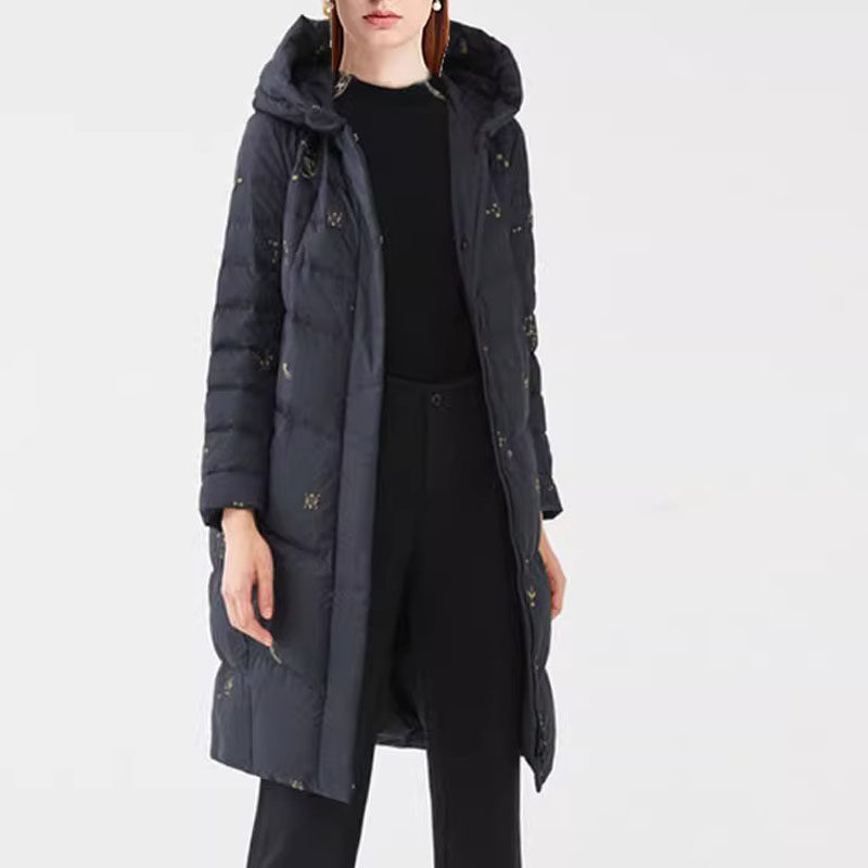 玖特清商场同款女装2024冬季新连帽刺绣加厚大码时尚中长款羽绒服