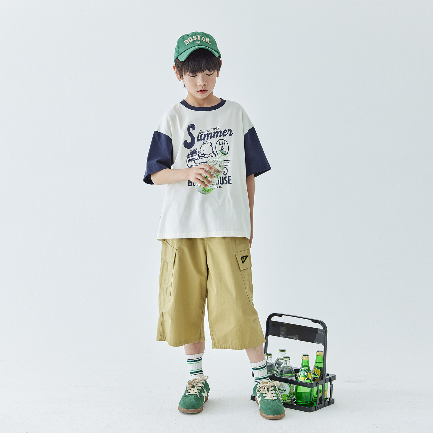 蓝汽水25夏新品男童拼色圆领T恤中大童字母印花短袖儿童全棉上衣,淘宝优惠券,粉丝福利购,淘宝优惠卷