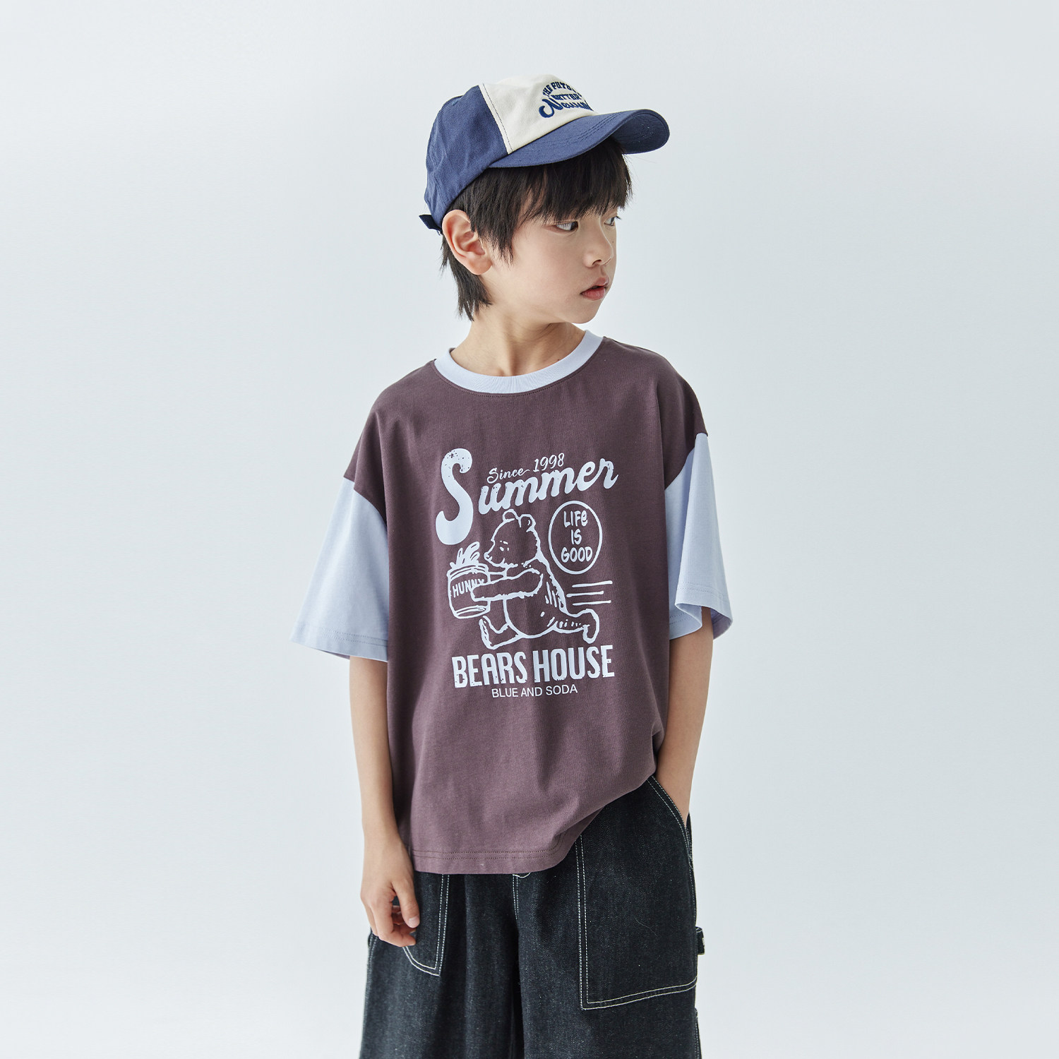 蓝汽水25夏新品男童拼色圆领T恤中大童字母印花短袖儿童全棉上衣,淘宝优惠券,粉丝福利购,淘宝优惠卷