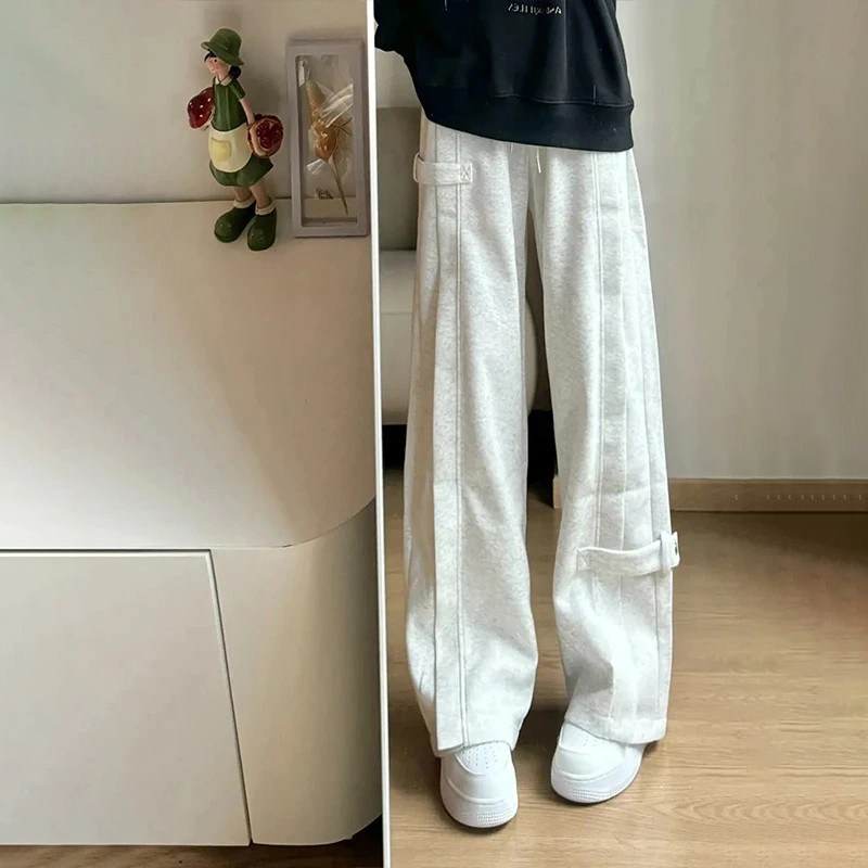 白灰色加绒加厚运动卫裤男秋冬季美式解构弯刀直筒宽松阔腿休闲裤,淘宝优惠券,粉丝福利购,淘宝优惠卷