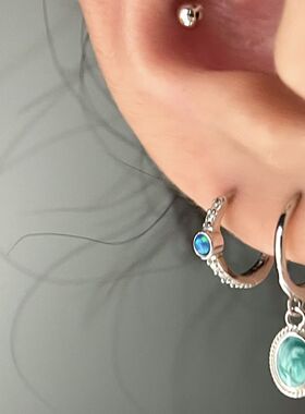 @邓为D同款绿色珐琅星空耳环男不对称欧泊耳圈女情侣耳钉洋气显瘦