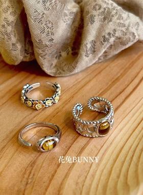 24年秋冬新 金属美拉德虎眼石重工戒指加宽文艺复兴古着孤品配饰