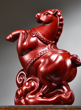 红花梨木雕唐马摆件实木生肖装饰