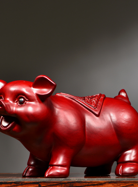 红花梨木雕猪摆件实木生肖一对