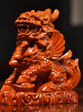 花梨木雕麒麟摆件一对实木装饰