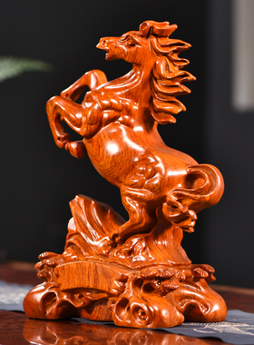 花梨木雕生肖马到成功摆件实木