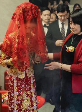 新娘红盖头结婚苏绣半透明网纱头纱红色秀禾服喜帕中式婚礼蒙头巾