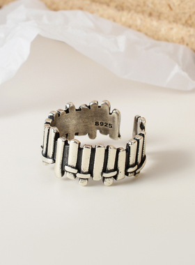 ears欧美复古做旧戒指女S925纯银围栏食指戒时尚冷淡泰银开口指环