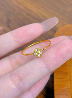 幸运四叶草细圈闪钻戒指女轻奢小众设计森系百搭花朵指环食指戒