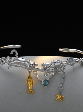 ears韩版时髦个性小众设计师款S925纯银拼色猫鱼手链女开口手环