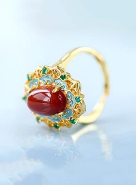 925银防天然南红戒指女烧蓝复古宫廷风高级感复古红色食指戒手饰