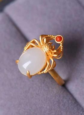 国潮古法镀金戒指女仿和田玉蜘蛛古典中国民族风汉服旗袍开口指环