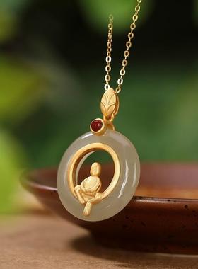 925银古法金镶和田玉平安扣国潮玉石佛像吊坠女复古锁骨项链