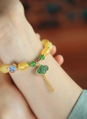 天然蜜蜡夏中国结流苏和田碧玉琥珀手链女士小众设计串珠手串手饰