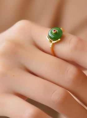 中国风蛋面戒指女小众设计和田玉复古ins潮冷淡风高级感食指尾戒