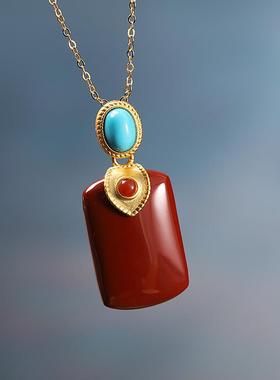 天然南红玛瑙无事牌吊坠项链女精选优质南红赤玉925纯银镶嵌磨砂