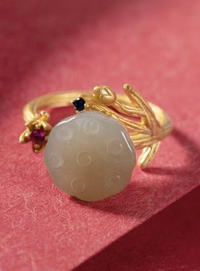 原创设计天然和田碧玉纯银戒指简约圆珠宝石女式开口可调节戒圈