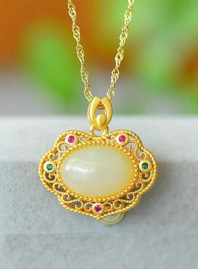 国潮项链新品古装汉服旗袍女生配饰古法镀金镶嵌仿和田玉复古挂坠