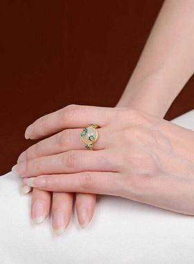 中国风天然和田玉宝石开口戒指女故宫国风金镶玉镀18k包金玉石