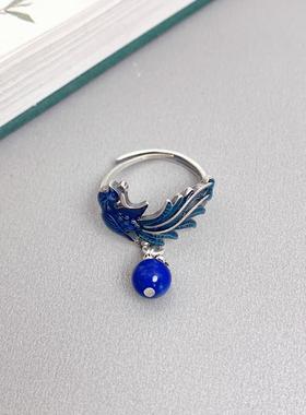蓝凤凰流苏仿925纯银戒指活口女复古青金石指环戒子小众中国风饰