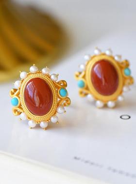 宫廷风大气仿南红玛瑙戒指大蛋面S925纯银古法金工艺女士指环饰品