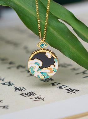 云亦海S925银镀金云海仿和田玉项链轻奢高级珐琅彩祥云吊坠锁骨链