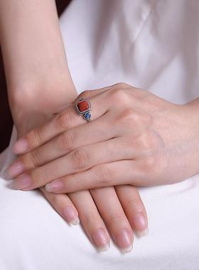 南红玛瑙景泰蓝复古仿S925纯银气质祥云方形戒指古典国潮开口指环